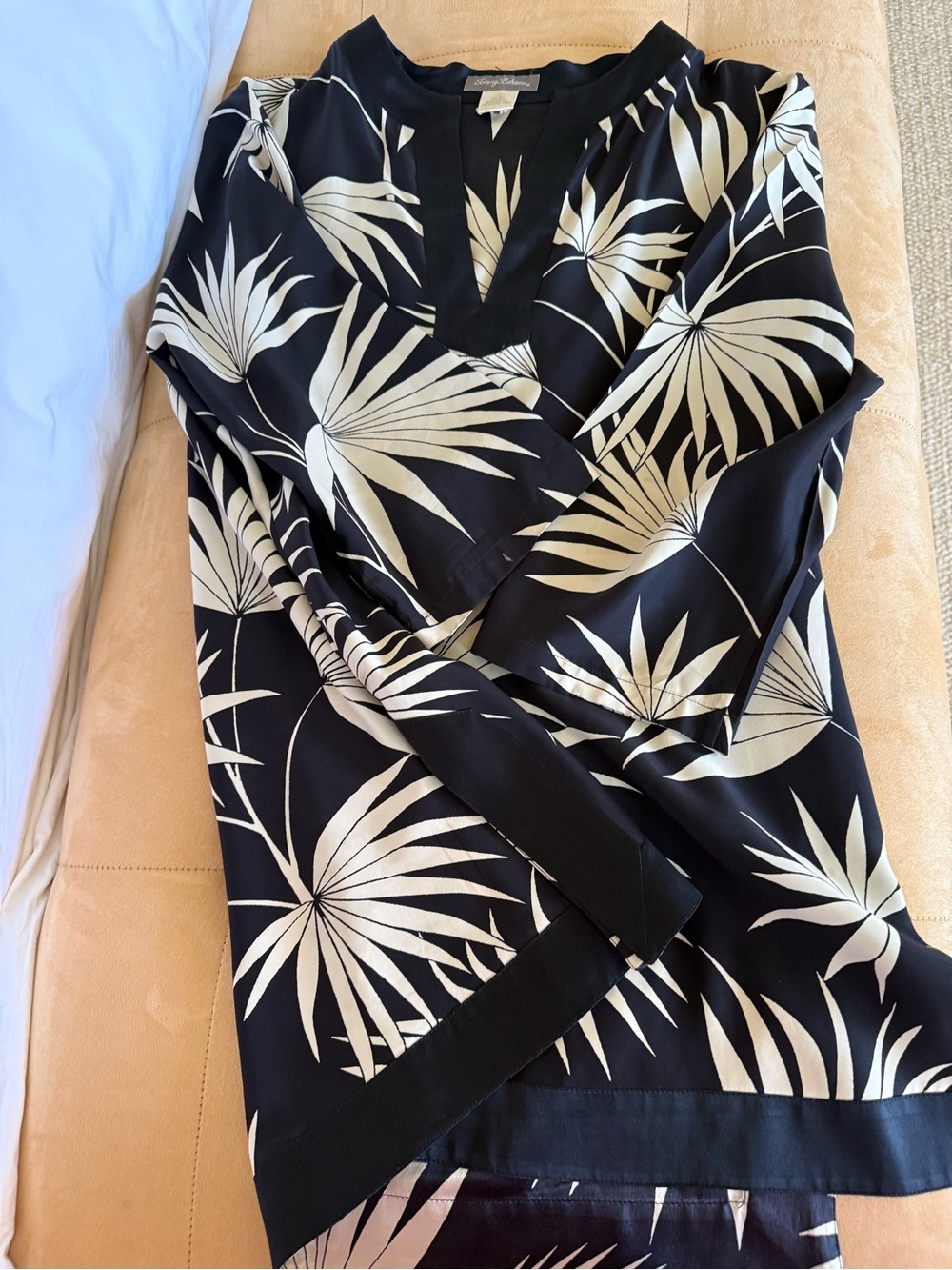 Tommy Bahama Black and Cream Palm-Print Women's Tunic Top